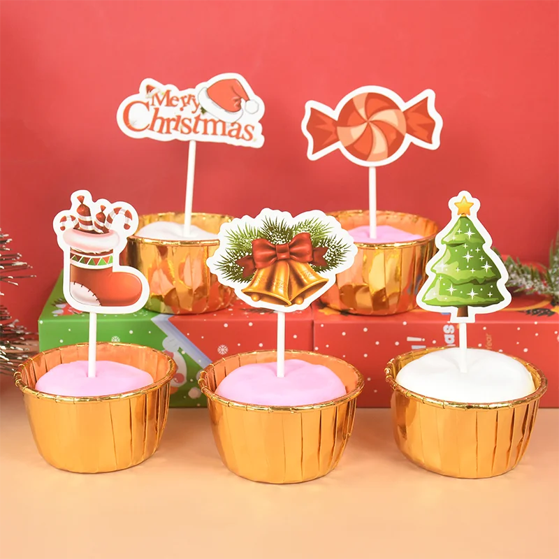 24/48Pcs Cartoon Christmas Cake Topper Santa Claus Xmas Tree Cupcake Topper for New Year Party Xmas Cake Decoration Noel Navidad