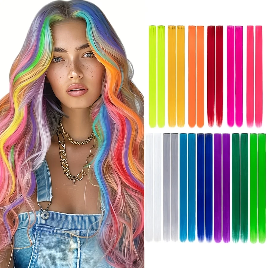 

26pcs 13-Color Gradient Colored Wig Pieces Long Straight Synthetic Hair Party Painted Dyed Accessory for Quick Costume Changes