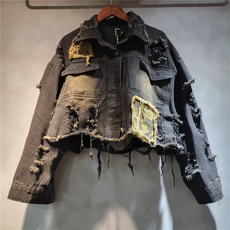 WTHT Vintage Fashion Women's Patchwork Hole Plush Edge Denim Jacket 2025 Summer Trendy Lapel Long Sleeves Coat Female 1LS1275