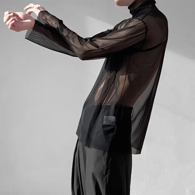 Pile Collar Mesh T-shirt Men's Summer Sunscreen Clothes Hollow Abstinence Design Thin Long-sleeved Top
