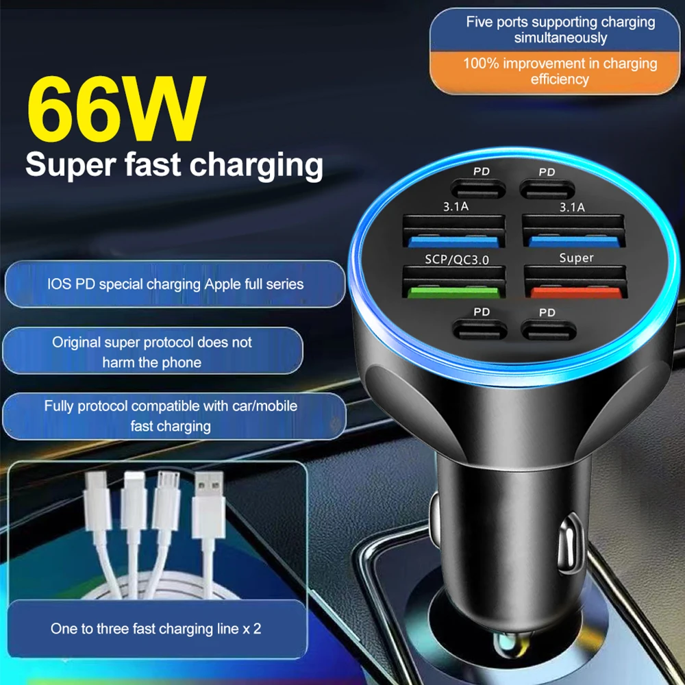 8 Ports 4usb 4PD 66W Car Charger PD Type C Fast Charging Auto Mobile Phone Adapter For iPhone Samsung Huawei Xiaomi QC 3.0