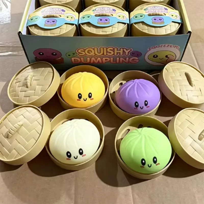 Cute Cartoon Bun Squishy Toy With Mini Bamboo Steamer Box Slow Rising Dumpling Squishies Multicolor Mystery Squeeze Toy
