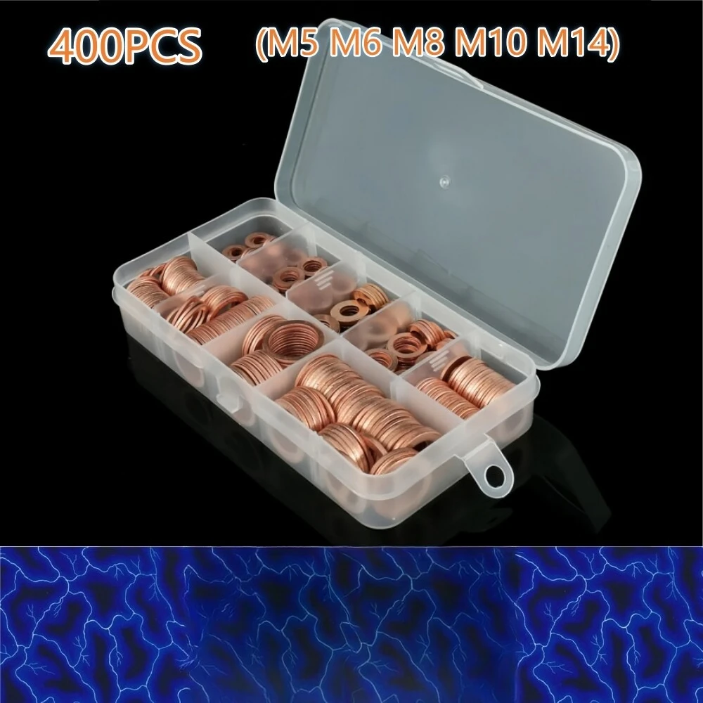 400Pcs Assorted Copper Sump Plug Washers M5 M6 M8 M10 M12 M14 for Most Vehicles Oil Drain Gasket Kit
