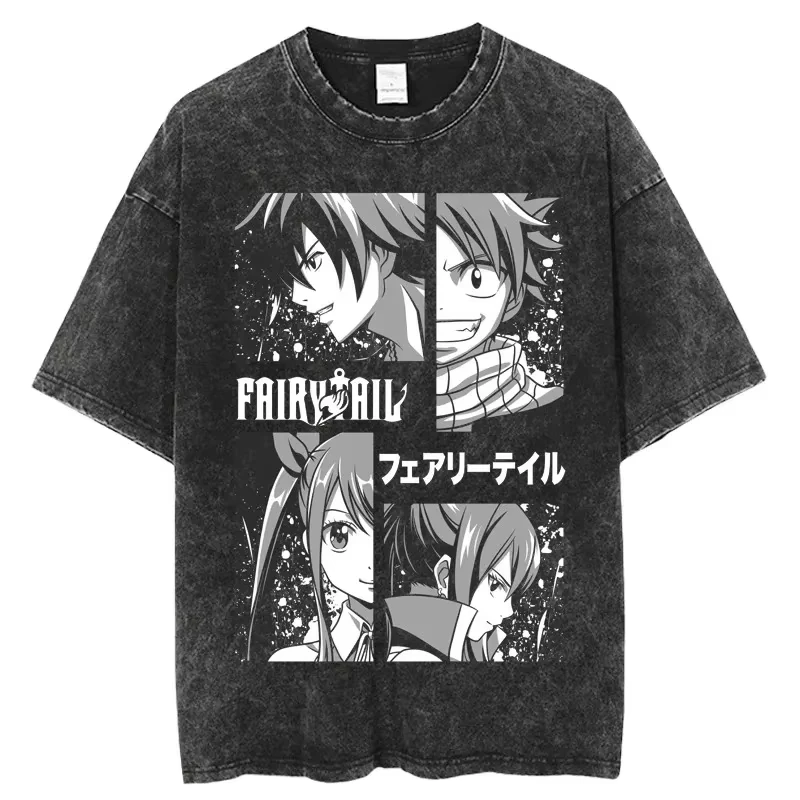 Fairy Tail Natsu Lucy Happy Gray Graphic T-shirt Men Women Cotton Printed Short Sleeve Anime Shonen Washed Top 2026 Hot Sale