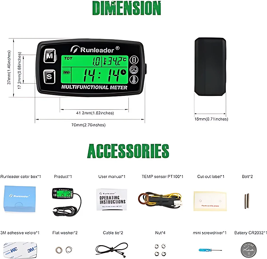 Tachometer Hour Meter Digital LCD Thermometer Temperature for Lawn Tractor Compressor Generator Snowmobile Marine Jet Ski Pit Bi