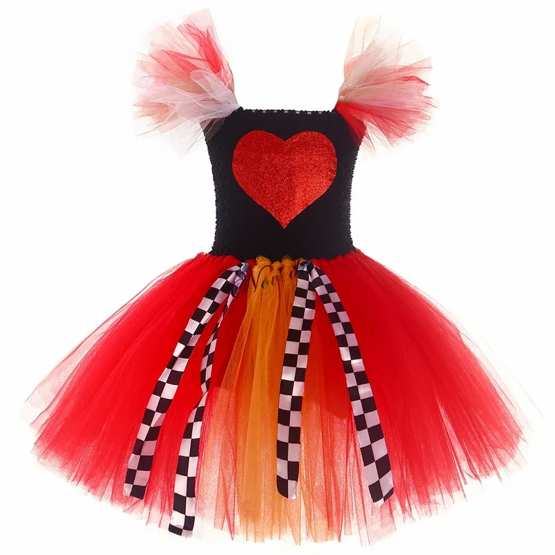 Alice Queen Of Hearts Costume Kids Red Queen in Wonderlands Cosplay Costume Crown Baby Girls Halloween Birthday Party Dress