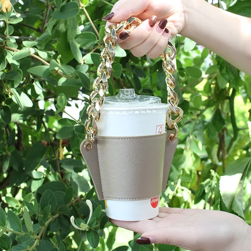 Non-slip Detachable Chain Coffee Cup Leather Case Cup Set Outer Packaging Outdoor Portable Hand-held Glass Cup Holder