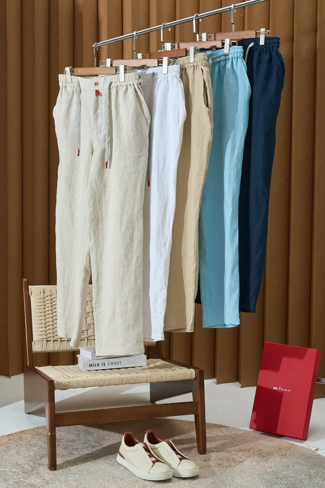 

Kiton Italian vintage style summer linen elastic waist straight leg casual pants