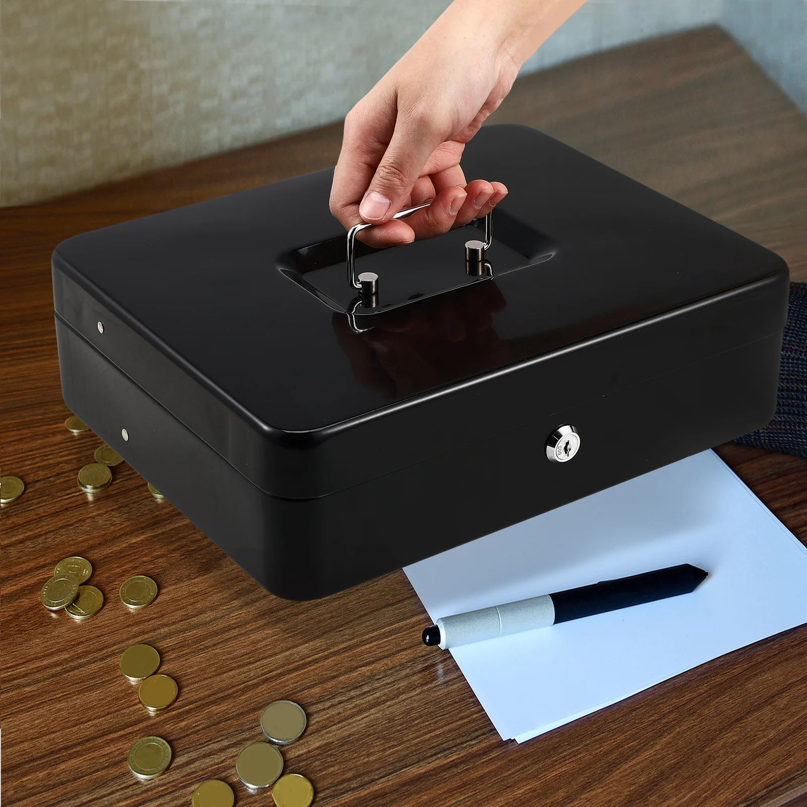 

1 set Cash Register Box Iron Money Tray Organizer Large Capacity Cash Drawer Small Business Portable Receipt Storage Black