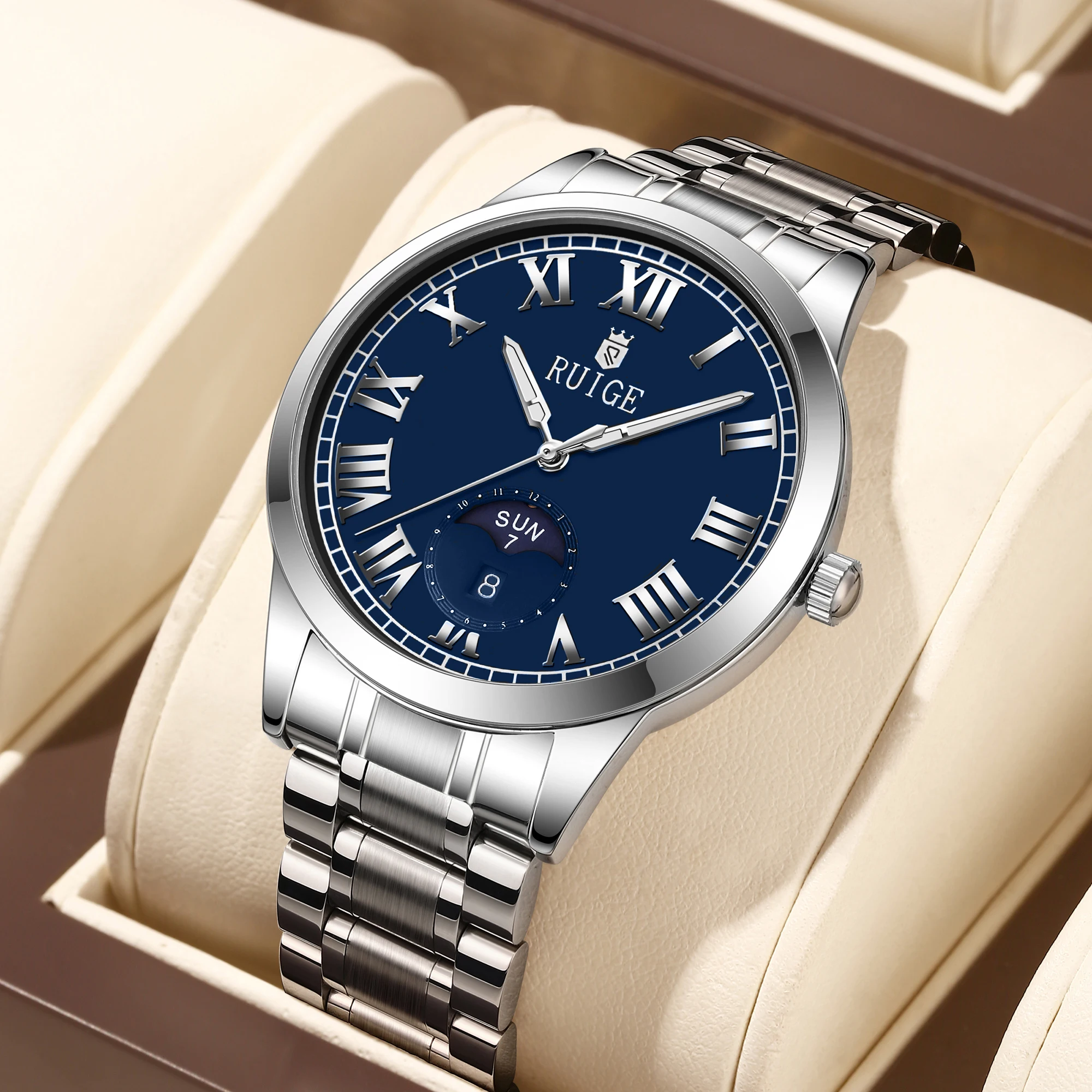 

RUIGE мужские полностью автоматические механические часы с еженедельным календарем из нержавеющей стали, мужские светящиеся водонепроницаемые часы