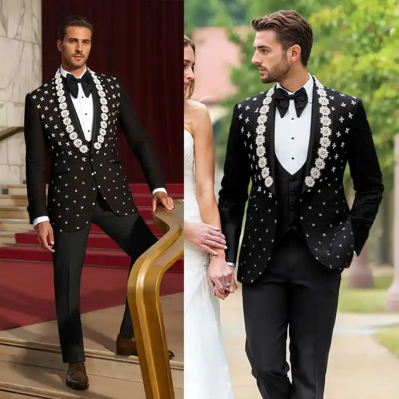 

Luxurious Wedding Groom Tuxedo 2 Piece Blazer Pants Beaded Crystal Formal Occasions Party Customized Trajes Para Hombre