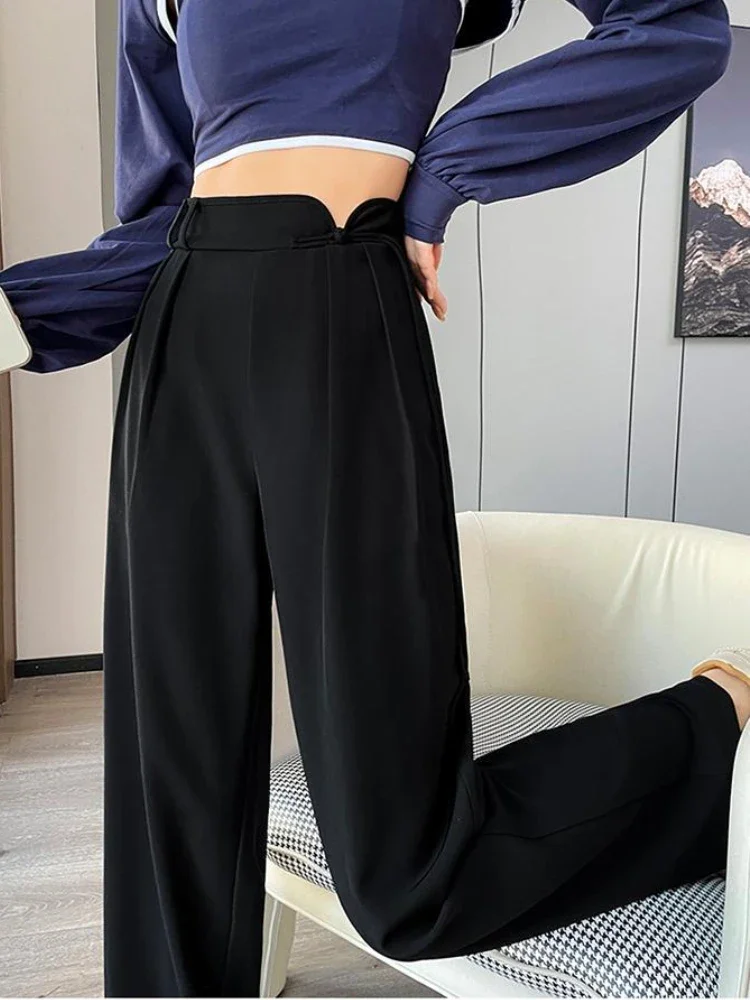 Wide Leg Chinese Style Pants Women Pure Soft New Spring Trousers All-match Full Length Chic Designed Buttons Vintage Elegant OL