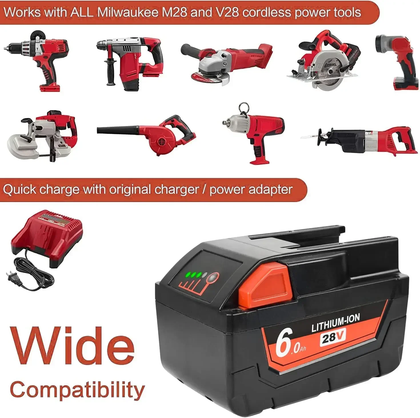 Akumulator litowo-jonowy 28 V 6Ah do elektronarzฤdzia MILWAUKEE M28 V28 M28BX M28B 48-59-2819 0730-20 48-11-2830 W/wskaลบnik LED
