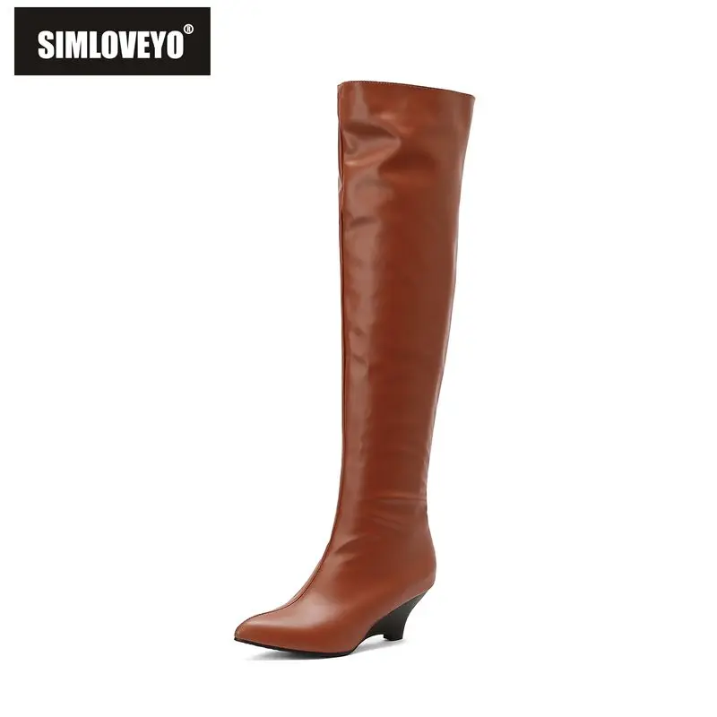 

SIMLOVEYO 2025 пикантные женские сапоги до бедра с острым носком на танкетке 6,5 см без шнуровки плюс размер 46 47 48 модные сапоги выше колена для свиданий