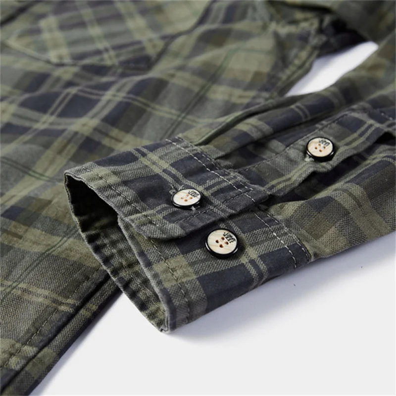 Spring Autumn Casual Men Shirt 100% Cotton Long Sleeve camisetas masculinas Plaid Shirts Army Green Khaki Clothing A0749