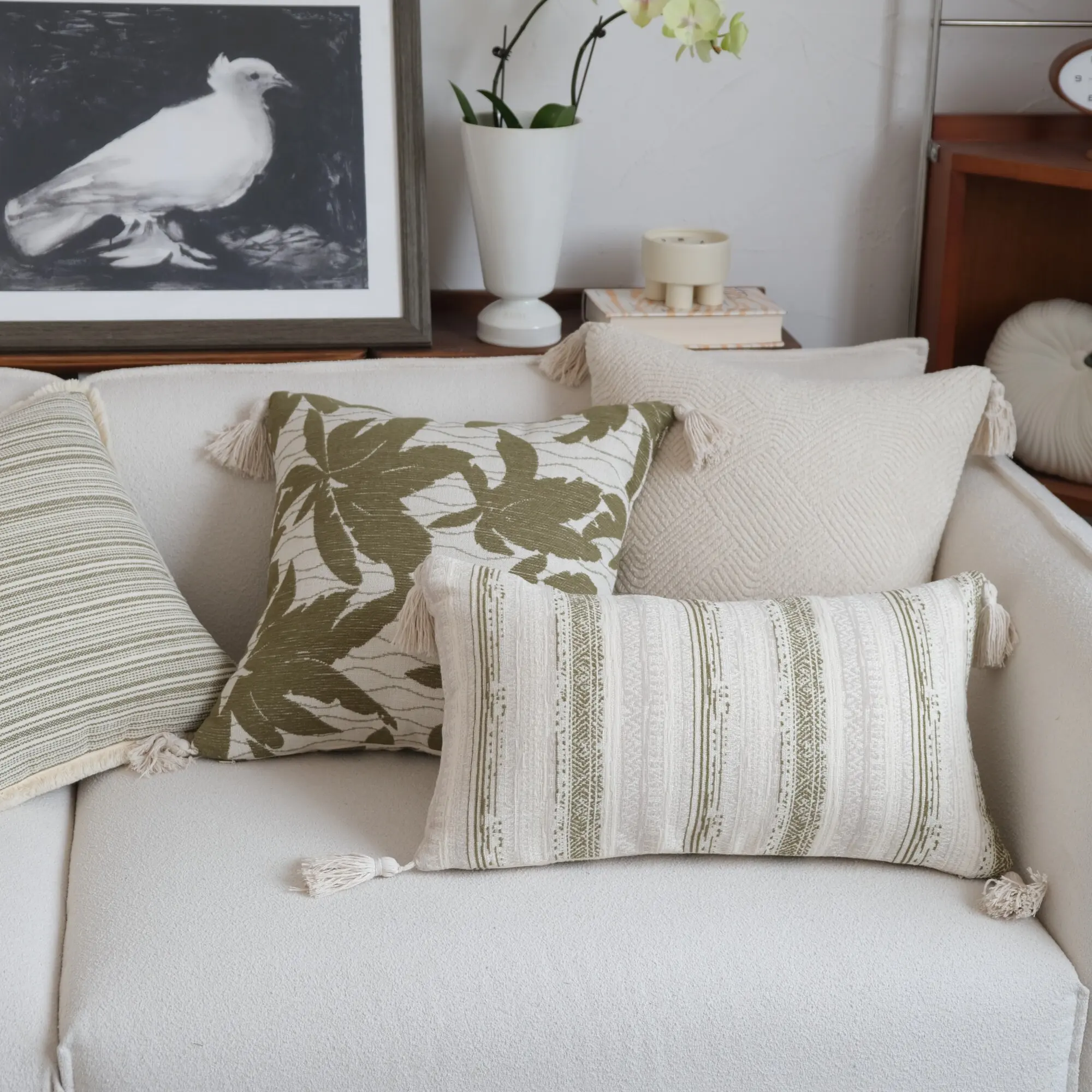 Olive Green & Beige Floral Pillowcase Cushion Cover Mid-Century Plant / Stripe Vintage Pillow Cover Bed Backrest