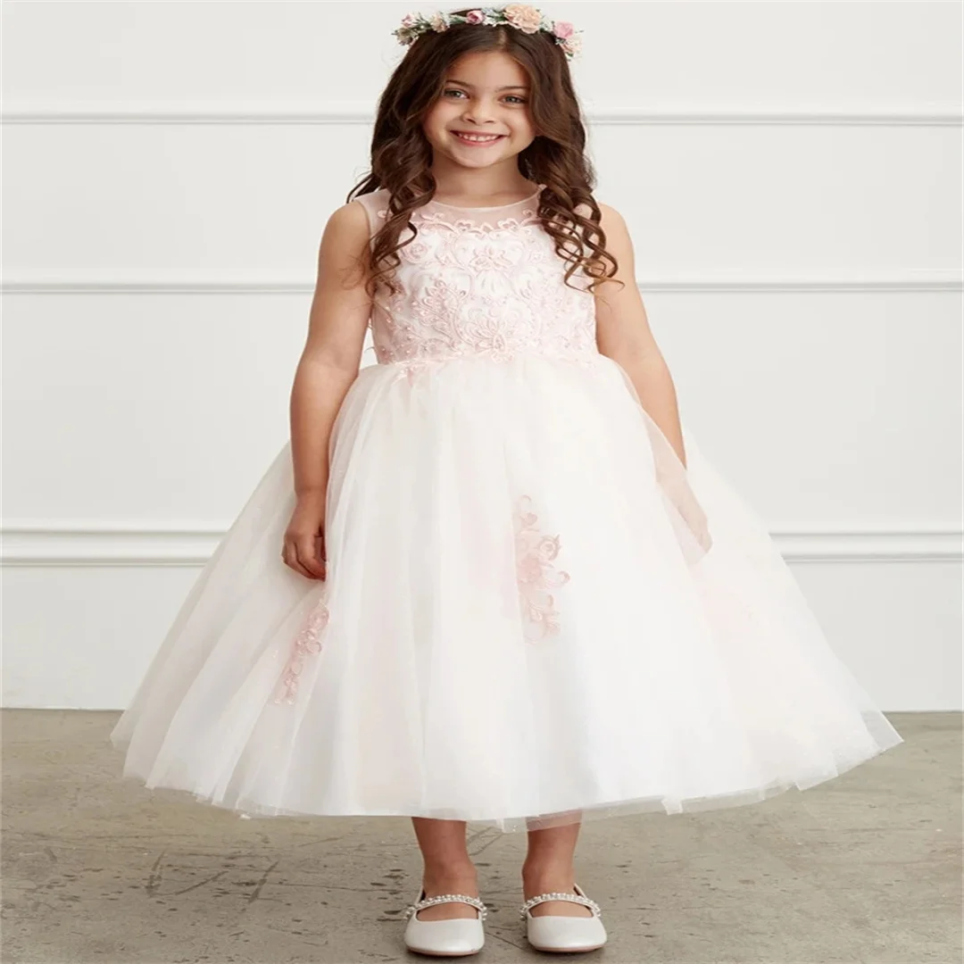 Customized Sky Blue Flower Girl Dress Tulle Floral Appliques Sleeve For Wedding Birthday Evening Prom Banquet Princess Gown