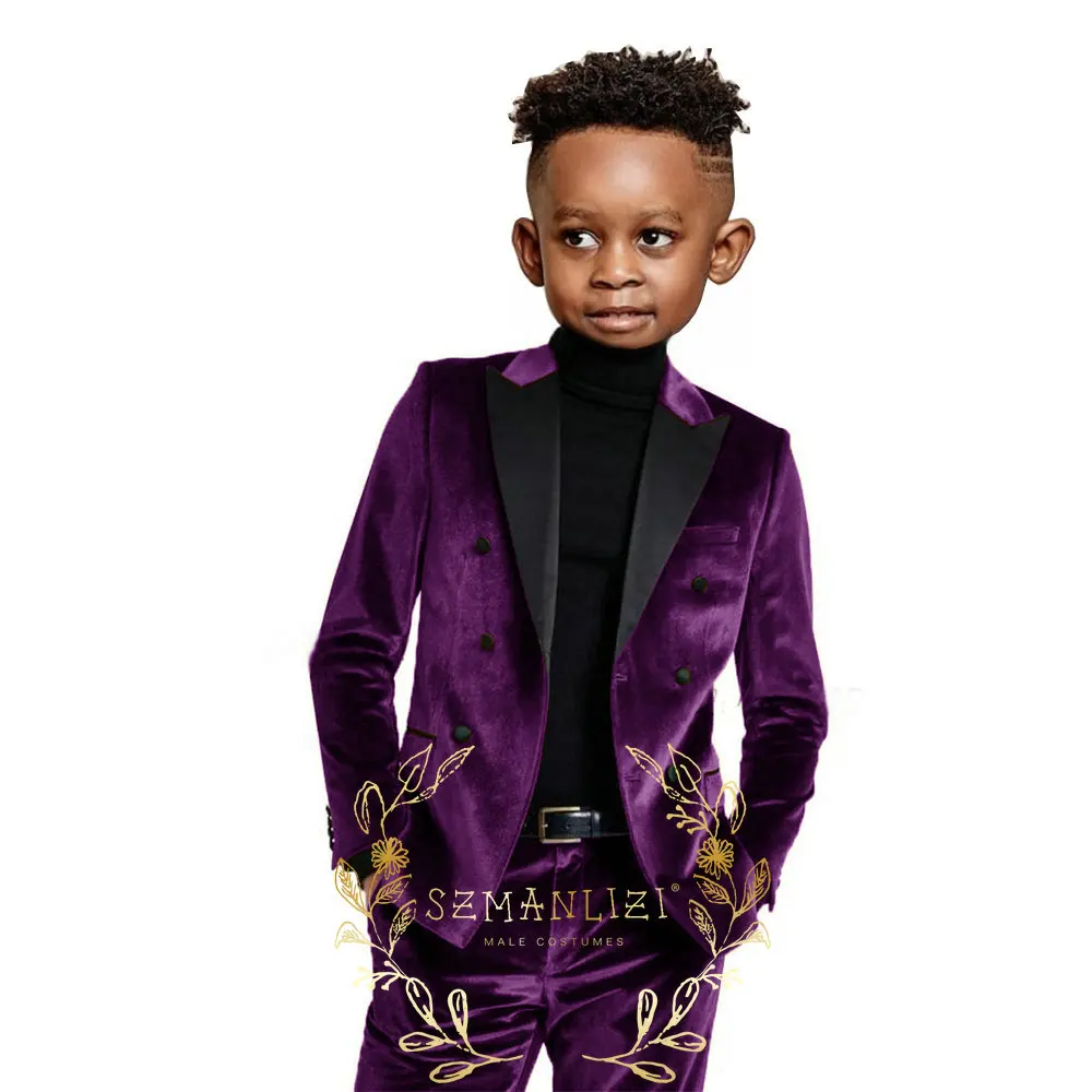 Boys Suit Wedding Double Breasted Jacket Pants 2 Piece Kids Purple Velvet Dress Child Full Outfit 2-16 Years Old