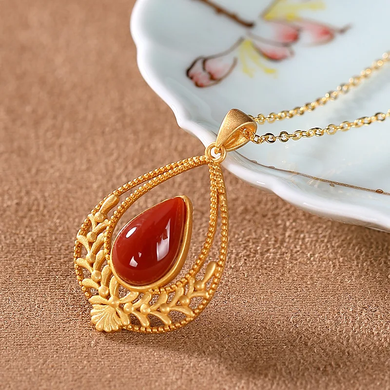 Natural South Red chalcedony water drop hollow Pendant Necklace Chinese style retro unique gold craft women's brand jewelry