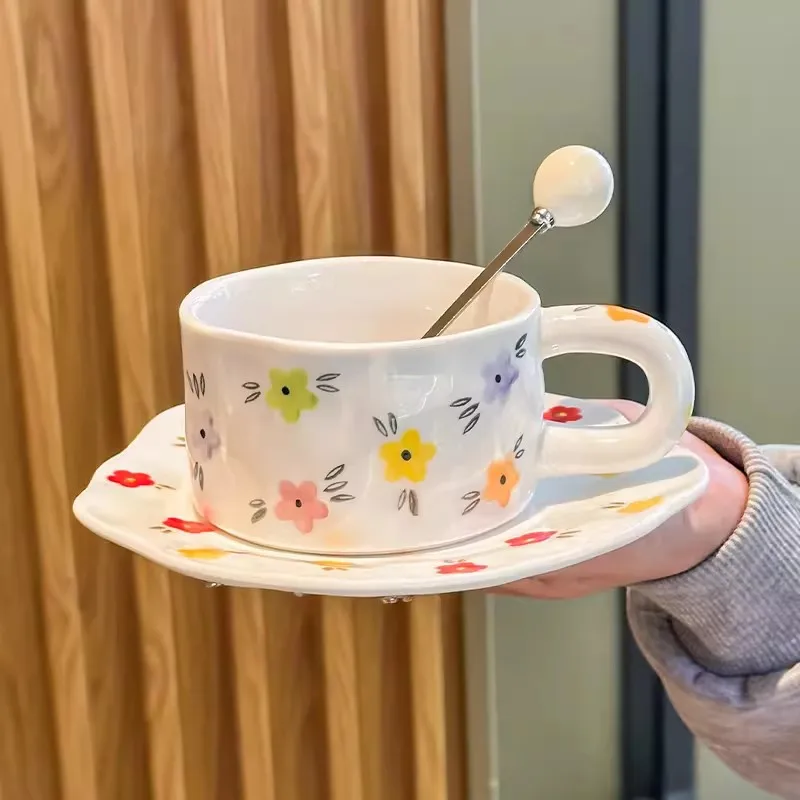 

Creative Hand-drawn Coffee Cup Dish Set 2026 New Household 260ml Underglaze Color Mugs with Scoop Flower Pattern Exquisite Dish