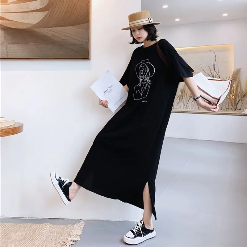 Summer 2022 Korean Women Dress Short Sleeve O-neck Pure Cotton Show Thin T-shirt Dress Large Loose Maternity Draped Long Dresses