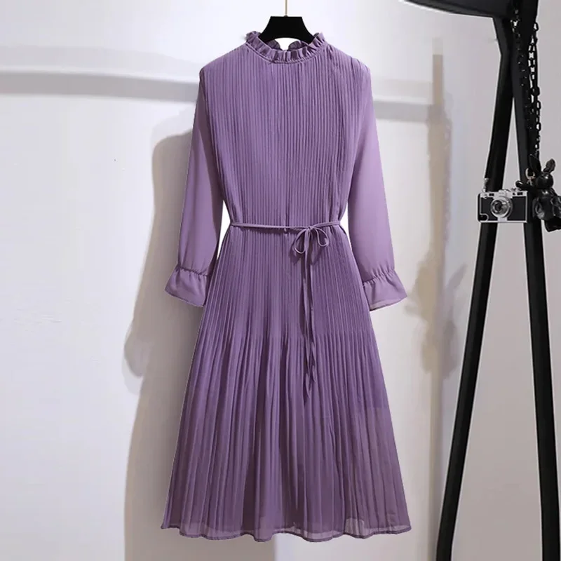 

2024 Purple Ruffled Collar Pleated Elegant Lace Up Chiffon Women's Dress Korean Fashion A-Line Knee-Length Dresses for Women