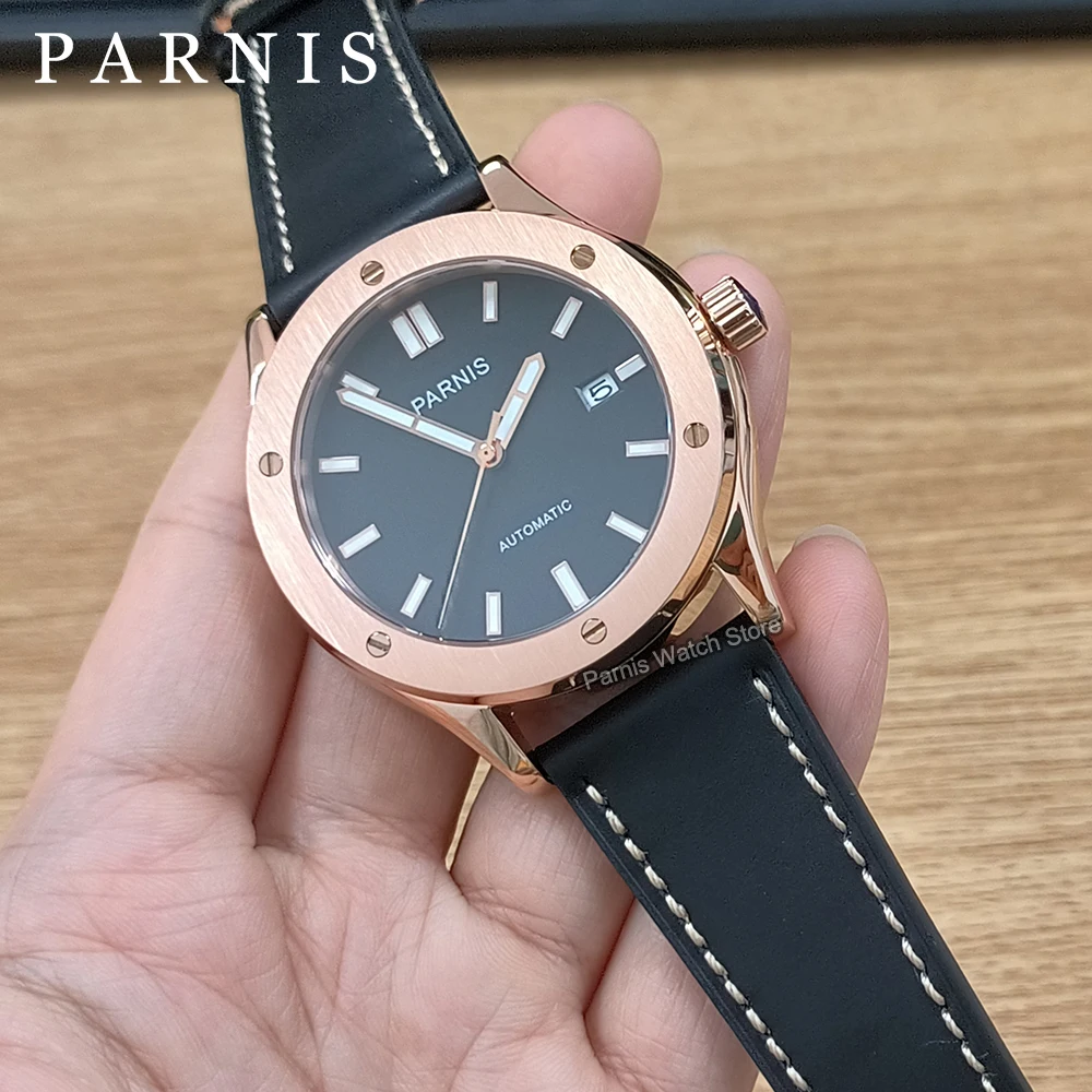 Мужские повседневные часы Parnis с сапфировым стеклом, 44 мм, японский NH35, с автоматическим механизмом, 5 атм, водонепроницаемый черный циферблат, корпус из розового золота