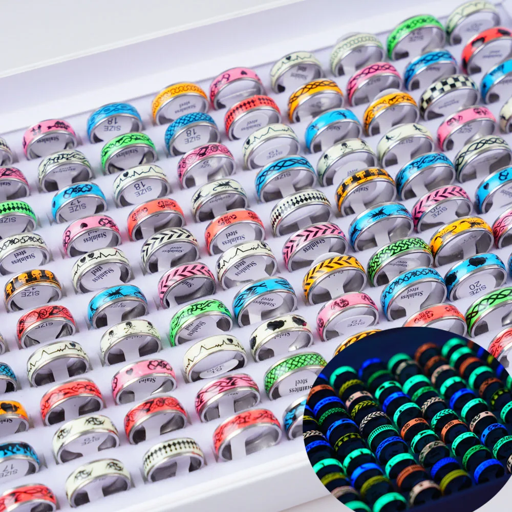 Wholesale Bulk 50pcs/Lots Women's Mens Fashion Glow In The Dark Sticker Stainless Steel Jewelry Rings For Party Gift