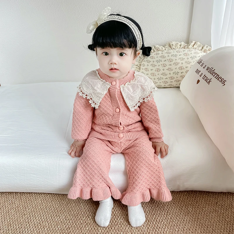 

New Autumn Newborn Baby Girls Clothing Knit Set Long Sleeved Knitted Cardigan +Pants Toddler Princess Set Baby Girl Clothes Suit