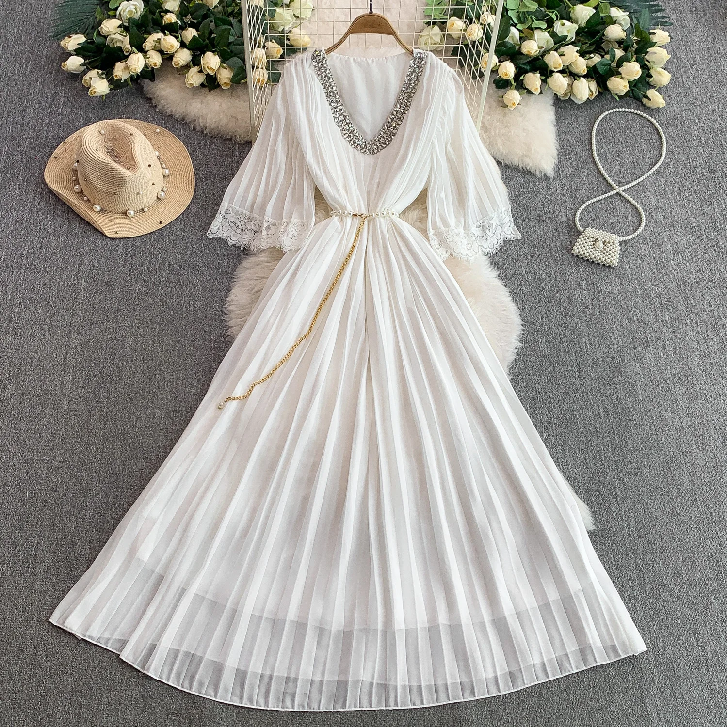 Vintage sexy Strass Spitze geraffte Kleid Chic Sommer Strand Fairycore Vestidos Urlaub Frauen Kleidung