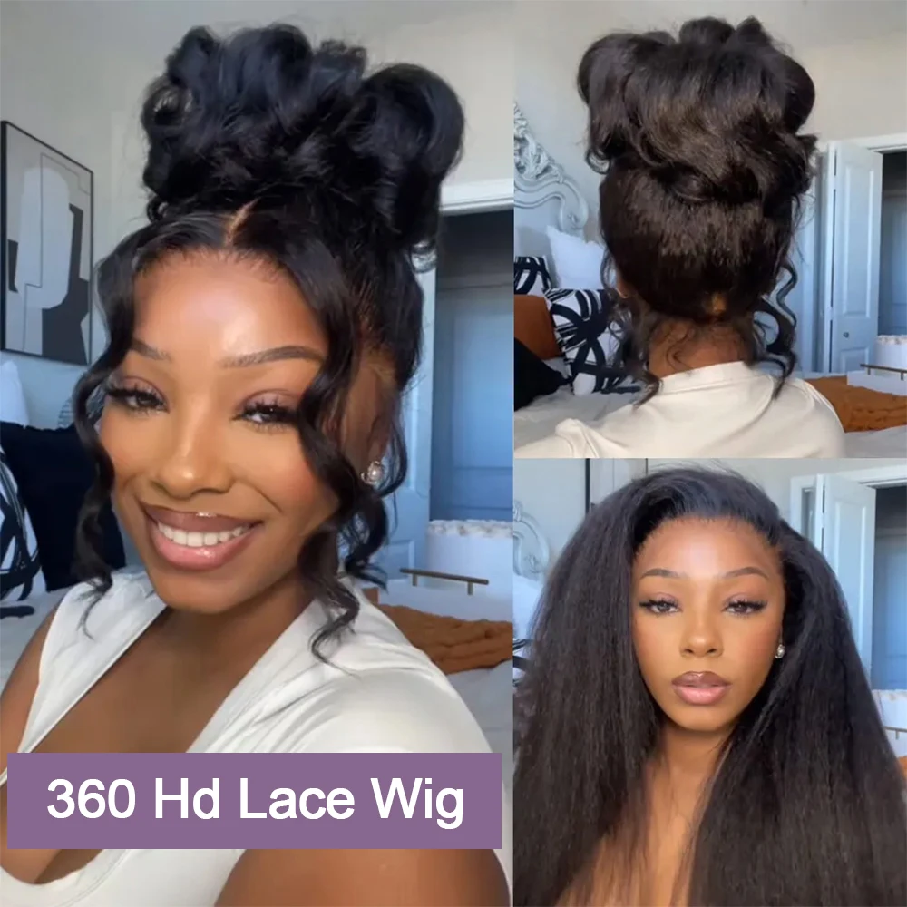 250 Density Black Yaki Straight Human Hair Wigs 13x6 HD Lace Frontal Kinky Straight Wig 7×5 Glueless Brazilian 360 Full Lace view 5