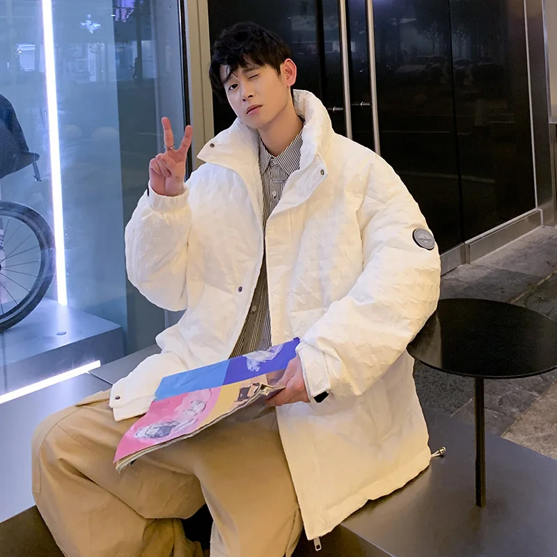 

White Thiened Stand Collar down Jaet for Men Winter Faionable College Sle No Hat Youth ulari Polyester Fiber