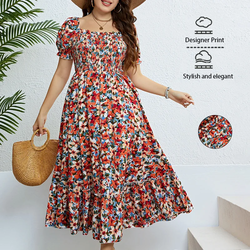 

Plus Size Summer Floral Off Shoulder Dress Women High Waist Slim Fitting Holiday Party Dress