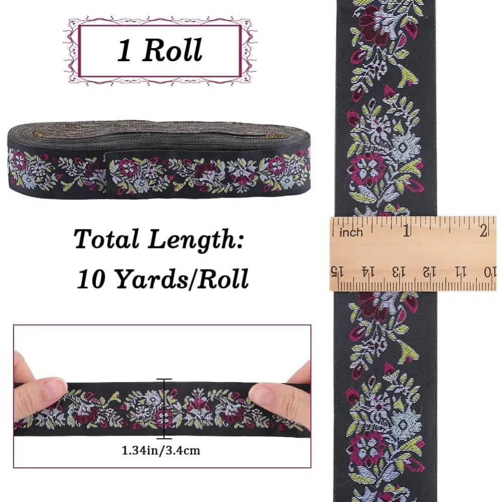 10 Yards x 1.34 Inch Flower Jacquard Ribbon Vintage Ethnic Boho Embroidery Woven Ribbon Roll Sewing Fringe Trim Webbing