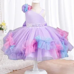 New One Shoulder Lace Girl Party Dress Elegant Girl Christmas Prom Evening Dress sheer 0-6Y Flower Boy Walk Show Fluffy Dress