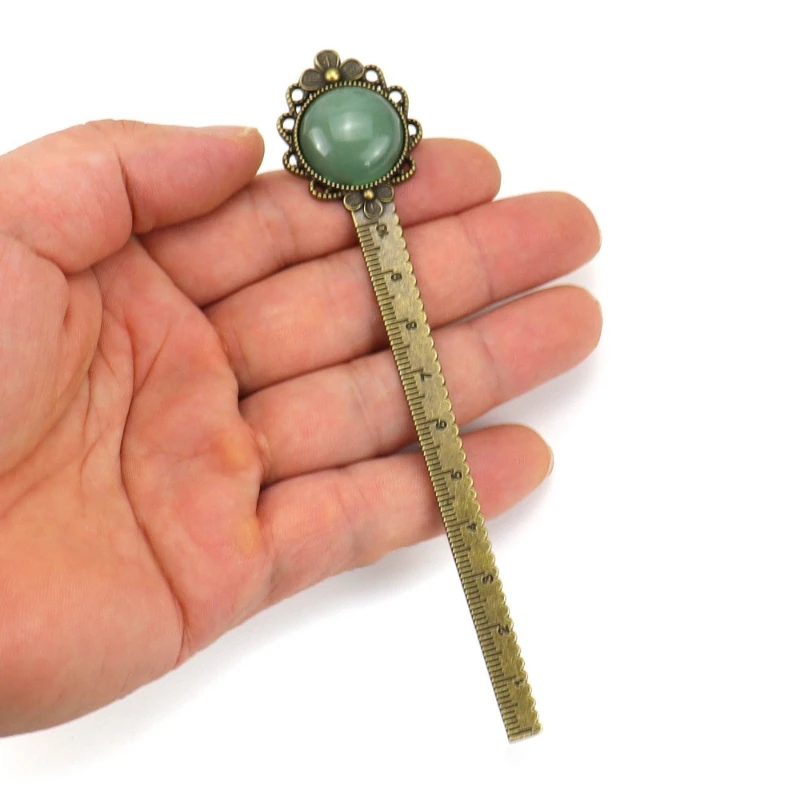 2PCS New Antique Bronze Ruler Bookmarks, Floral Alloy Inlaid Gemstone Bookmarks, Student Supplies, Multiple Options Available
