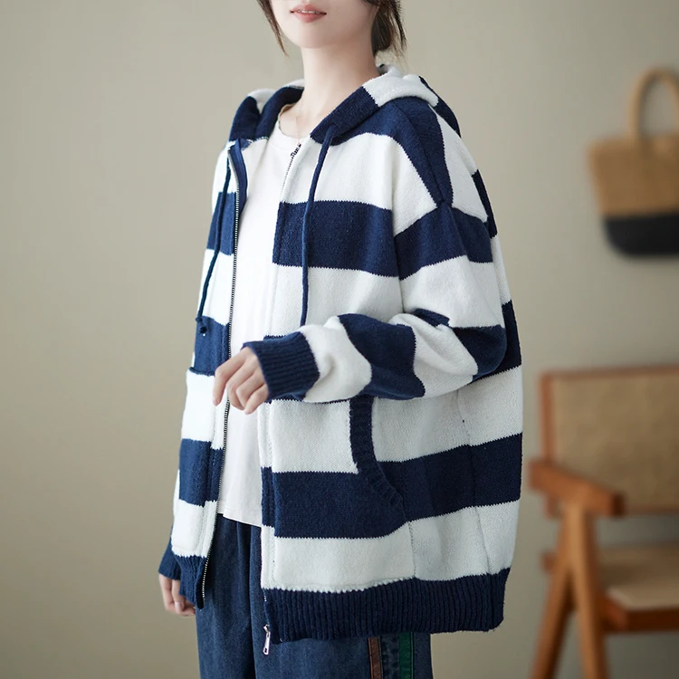 

Autumn Winter plus Size Women's Faion Art Casual Striped Loose Slimming Long Sve Knitted Open Cardigan Coat 2024 Sle