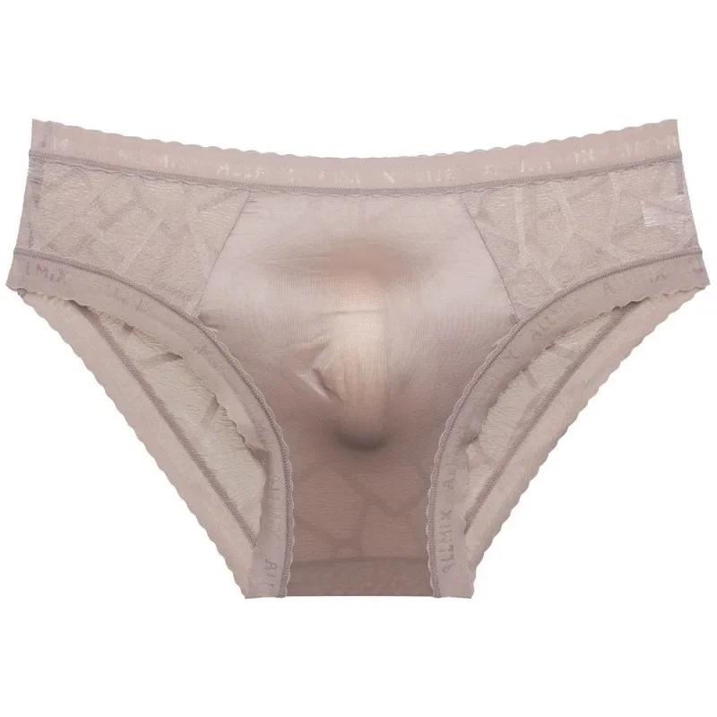 

Сплошной цвет, мужское нижнее белье, модные полупрозрачные тонкие кружевные трусы из ледяного шелка с буквами