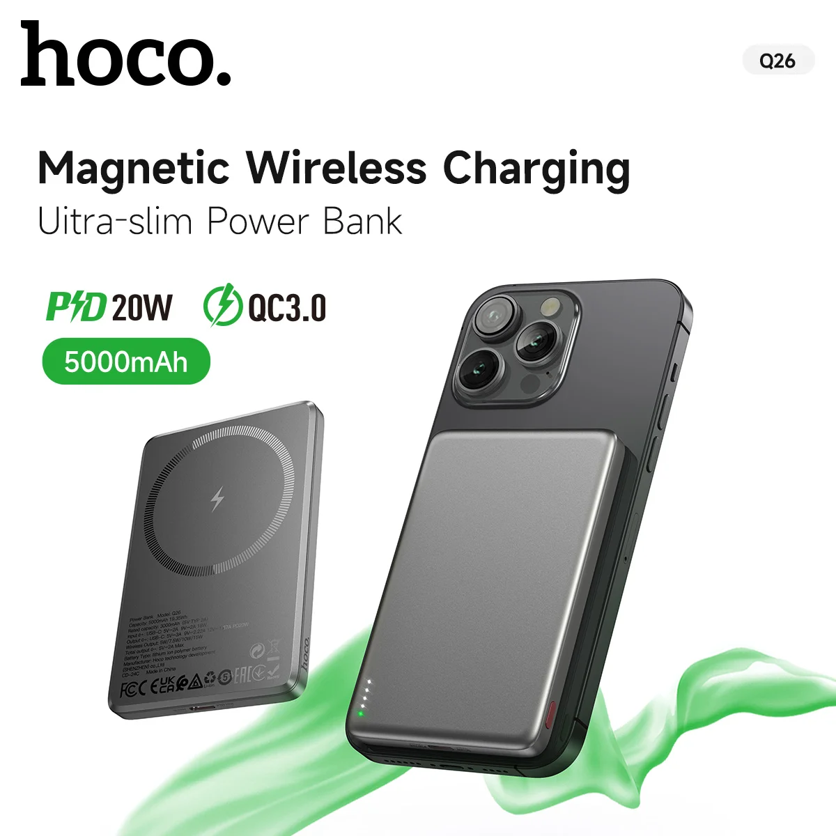 

HOCO 5000mAh Magnetic Wireless Thin Power Bank For iPhone 12/13/14/15 PD20W USB C Portable Extra Battery For Travel Outdoor Trip