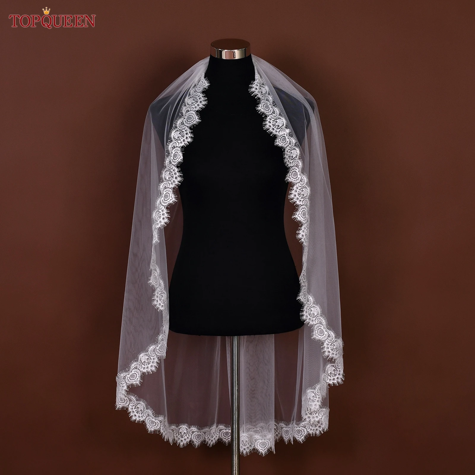 TOPQUEEN أنيقة الدانتيل طرحة زفاف رمش الدانتيل حافة كريم أبيض 1-Layer الحجاب اكسسوارات الزفاف مع مشط للتخصيص V318