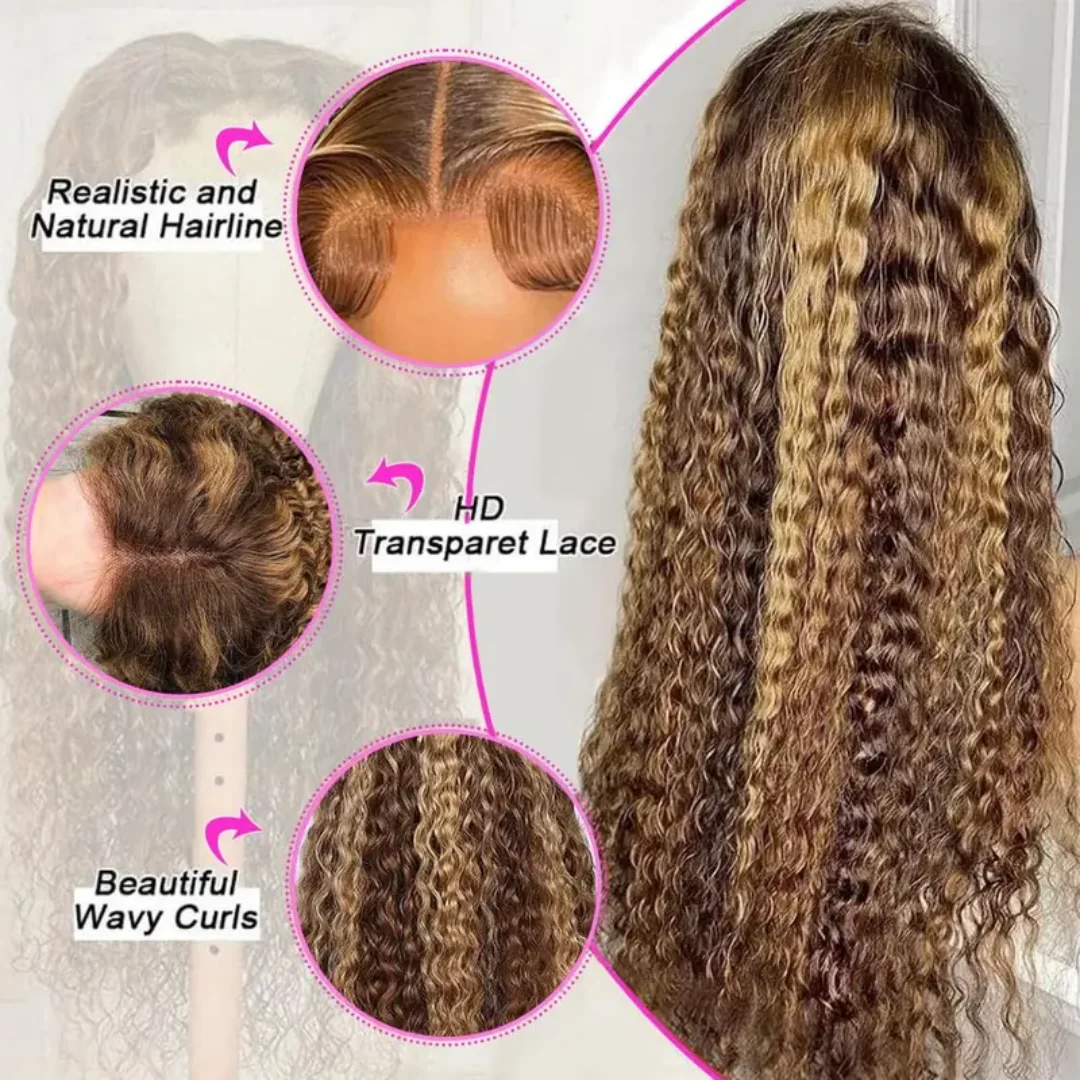 36 inch Deep Wave 13x4 Ombre Highlight Lace Front Wigs Human Hair Honey Blonde 4/27 Curly HD Transparent Lace Wig Pre Plucked For Woman