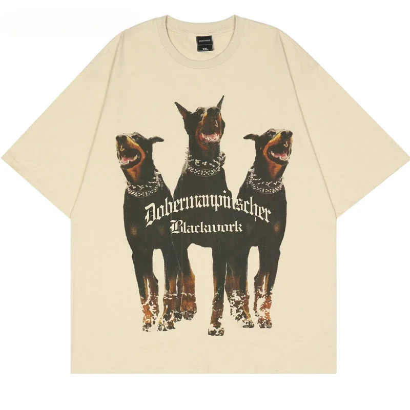 Vintage Doberman Dog Graphic Print Man T-Shirt Oversized Streetwear Fashion Cotton Loose Men T Shirts Hip Hop Womens Tees Tops