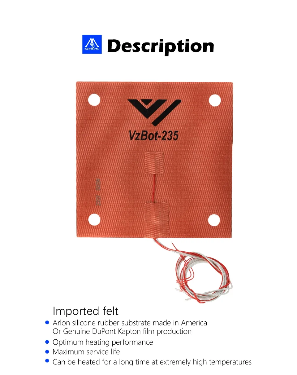 Mellow Top VZ235 Flexible 220 x 220 mm Silikon-Heizung 150 °C Safeguard 110 V 220 V beheizte Bettbauplatte für VzBoT 235 3D-Drucker – Detail 3