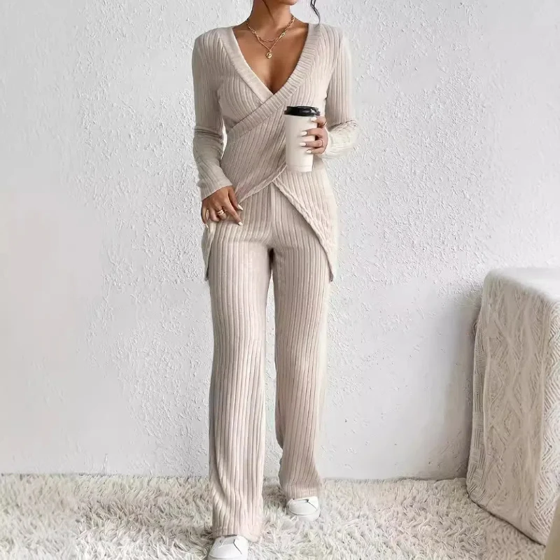 Women's Cross Border Hot Spot Amazon New Fashionable Slim Fit Set Long Sleeved Loose High Waisted Solid Color Top Casual Suit