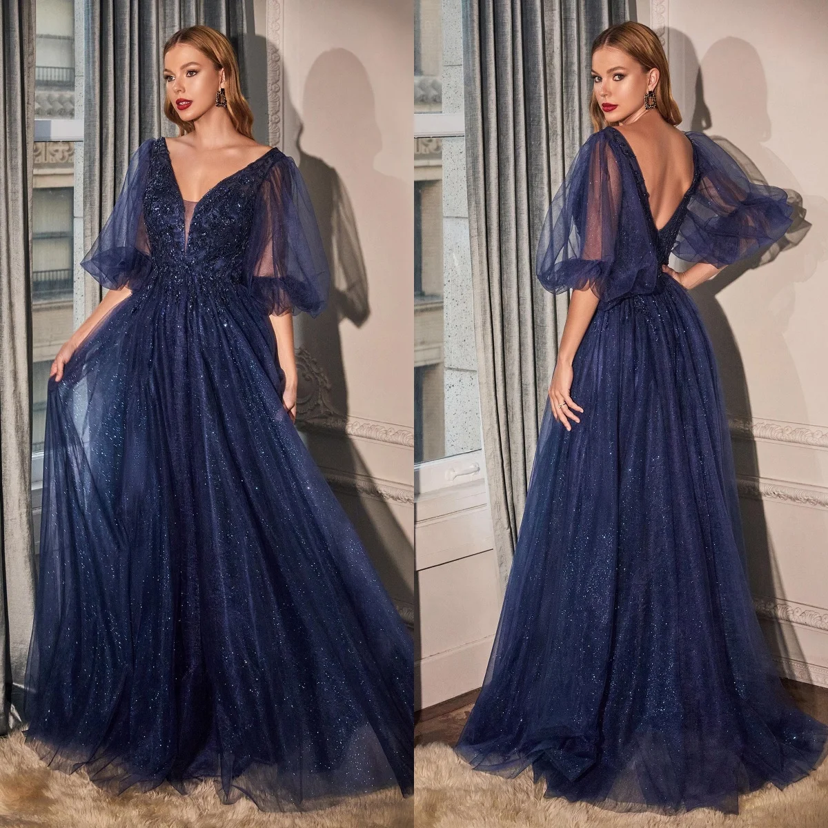 

Элегантные вечерние платья с v-образным вырезом для женщин, длинные платья с блестками и аппликацией для женщин, платья для выпускного вечера с открытой спиной и V-образным вырезом