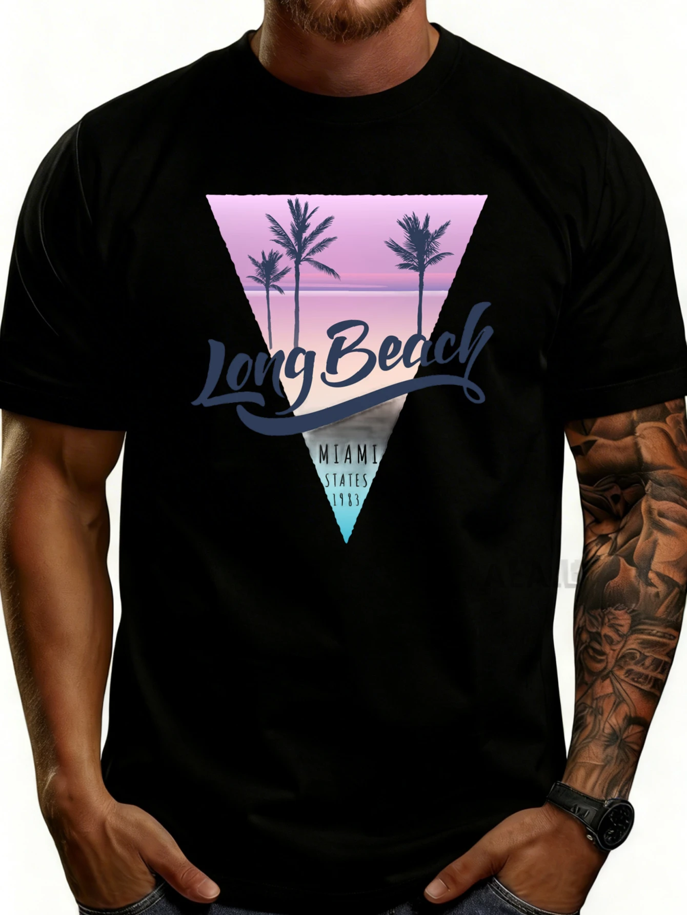 Casual Summer Style Men's T-Shirt, Featuring a Long Beach Miami Palm Tree Sunset Design, Suitable for Beach Vacations and Warm Weather, a Gift for Him.
