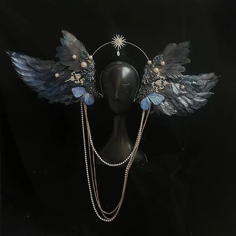 Angel Feather Wings Exaggerated Headdress Color Hair Accessories Catwalk Makeup Styling Virgin Aura Ring Pearl Performance