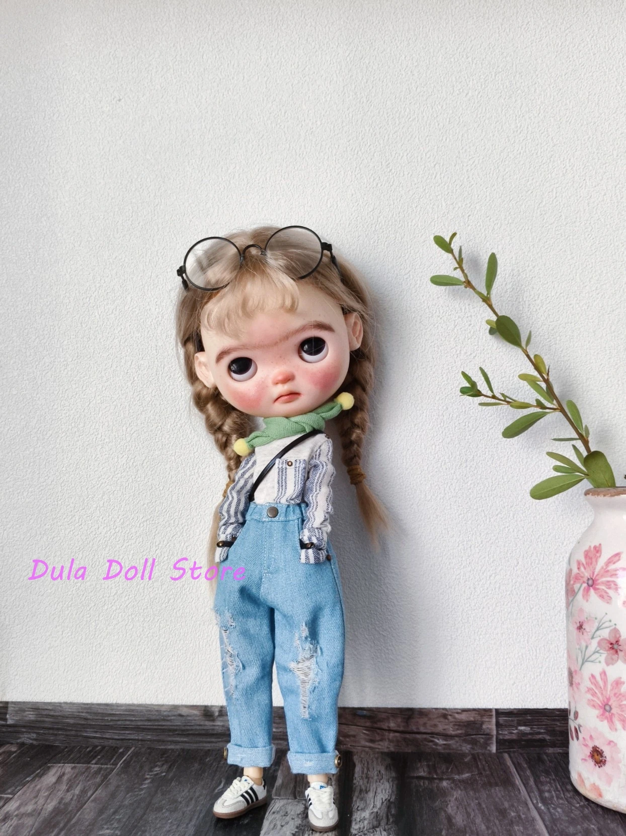 2026（only one set）Dula Doll Clothes Handmade Splicing sleeve top with ripped jeans for Blythe ob24 ob22 Landoudou Landazz Doll