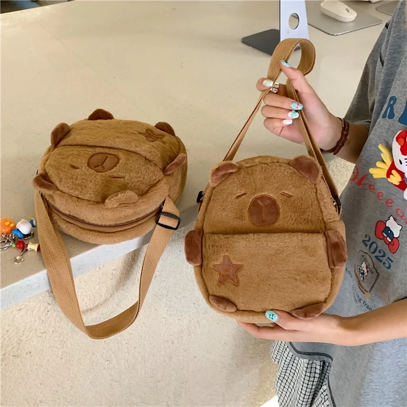 Cute Cartoon Capybara Crossbody Phone Bags for Girls Plush Lightweight Small Shoulder Bag  Zipper Chest Bag for Children
