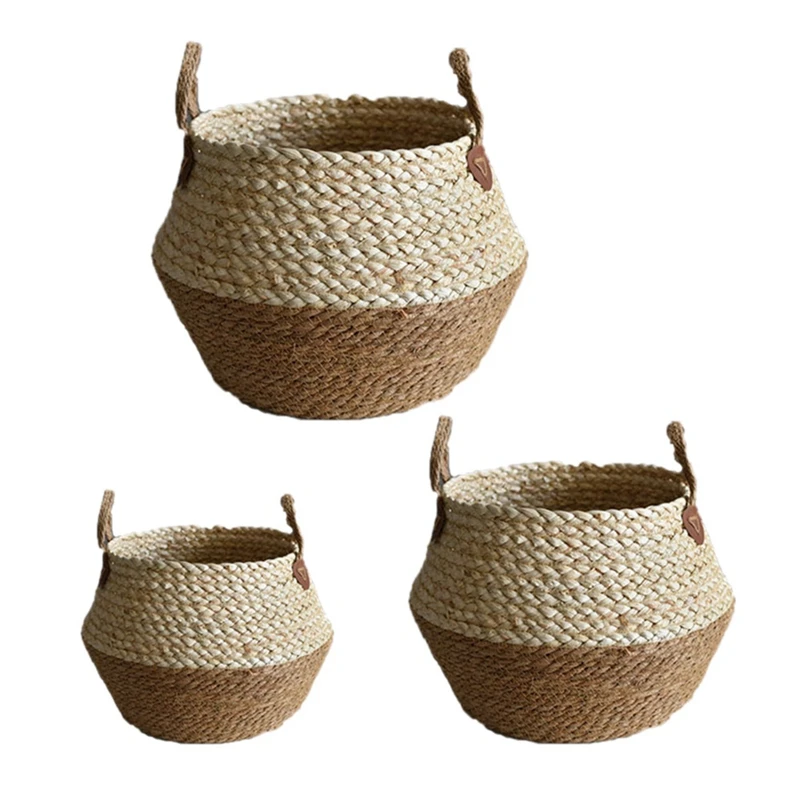 

3Pcs Straw Corn Rope Storage Basket Laundry Basket Storage Basket Floor Bamboo Basket Sundries Storage Basket